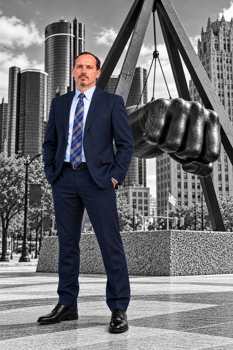 Justin Grove, attorney, standing in downtown Detroit